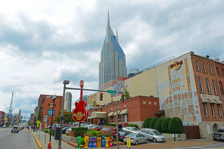AT&T Building and historical Broadway in downtown Nashville, Tennessee, USA. Lower Broadway is famous for entertainment district of country music.のeditorial素材