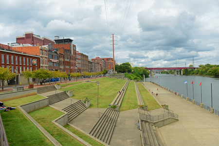 Historic 1st Avenue at the riverfront of Cumberland River in downtown Nashville, Tennessee, USA.のeditorial素材