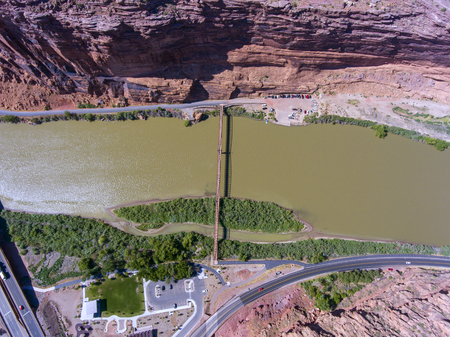 Aerial view of Colorado River and La Sal Mountains near Arches National Park in Moab, Utah, USA.の写真素材