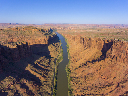 Aerial view of Colorado River near Arches National Park in Moab, Utah, USA.の写真素材