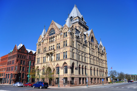 Syracuse Savings Bank Building was built in 1876 with Gothic style at Clinton Square in downtown Syracuse, New York State, USA. Now this building is a US National Register of Historic Places.のeditorial素材