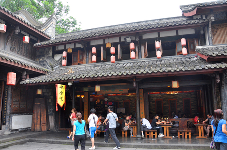 Ancient Jinli Walking Street in Wuhou Ci, City of Chengdu, Sichuan Province, China.のeditorial素材