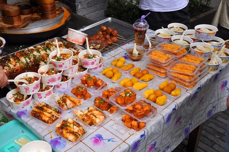 Traditional Food in Ancient Jinli Walking Street in Wuhou Ci, City of Chengdu, Sichuan Province, China.のeditorial素材