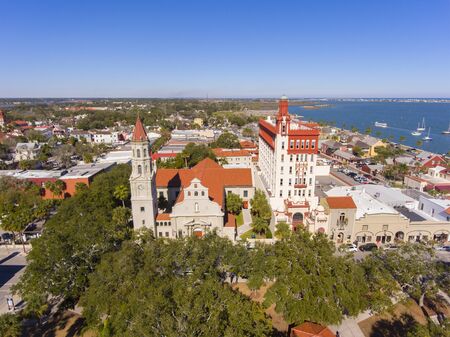 St. Augustine city aerial view including Plaza de la Constitucion, Cathedral Basilica of St. Augustine and Governor House, St. Augustine, Florida, USA.の写真素材