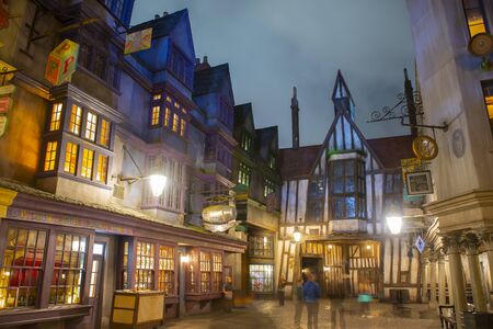 Diagon Alley at night in the Wizarding World of Harry Potter in Universal Orlando, Florida, USA.のeditorial素材
