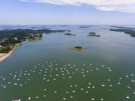 Hingham Harbor aerial view in Hingham near Boston, Massachusetts, USA.の写真素材