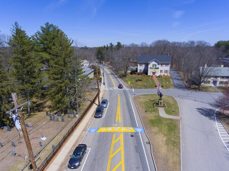Boston Marathon Start Line aerial view on Main Street in town of Hopkinton, Massachusetts, USA.