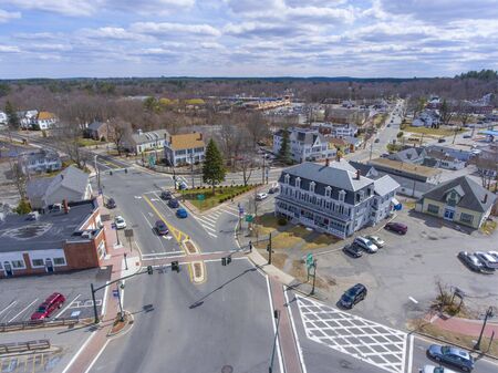 Chelmsford historic town center including the Town Common and Central Square aerial view in spring,...