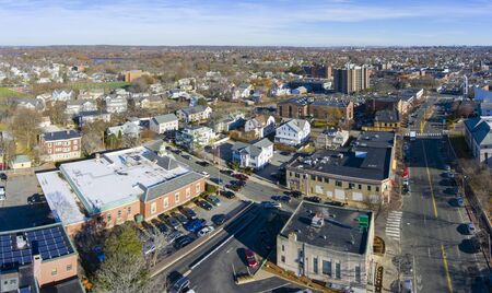 Aerial view of Arlington historic town center in Arlington, Massachusetts, USA.