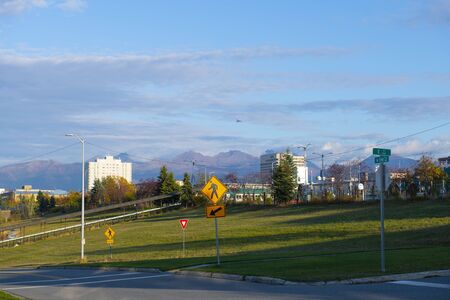 Quyana Park in downtown Anchorage with Chugach Mountains at the background, Alaska, AK, USA.