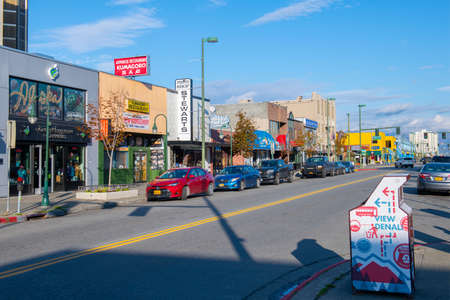 Historic buildings on 4th Avenue at F Street in downtown Anchorage, Alaska, AK, USA.のeditorial素材