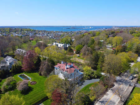 Historic mansions on Bellevue Avenue in Bellevue Avenue Historic District aerial view at Newport, Rhode Island RI, USA.のeditorial素材