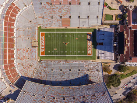Aerial view of Darrell K RoyalâTexas Memorial Stadium in University of Texas at Austin in Austin, Texas, USA. It is the home to the Longhorns football team since 1924.のeditorial素材