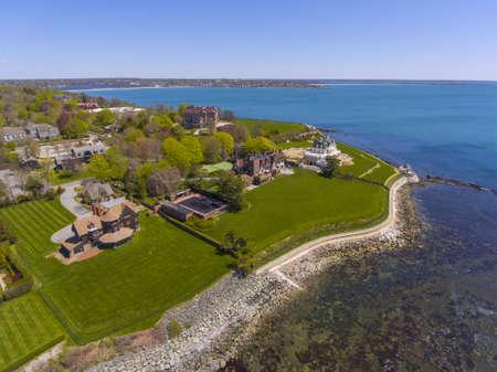 Historic mansions and Cliff Walk in Bellevue Avenue Historic District aerial view at Newport, Rhode Island RI, USA.の写真素材