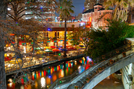 San Antonio River Walk near Alamo between E Crockett St and E Commerce St in downtown San Antonio, Texas, USA.の写真素材