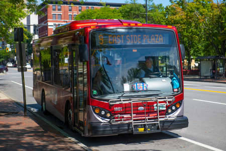 Manchester Transit Authority MTA public bus Route #9 at terminal East Side Plaza on Elm Street in downtown Manchester, New Hampshire NH, USA.のeditorial素材