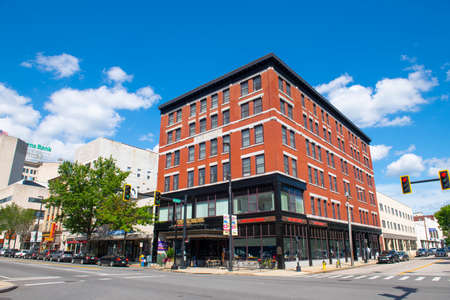 Pembroke Building on Elm Street at Merrimack Street in downtown Manchester, New Hampshire NH, USA.