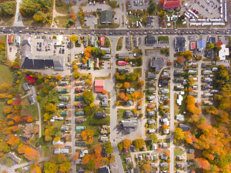 Lincoln Main Street at town center on Kancamagus Highway top view with fall foliage, Town of Lincoln, New Hampshire NH, USA.の写真素材