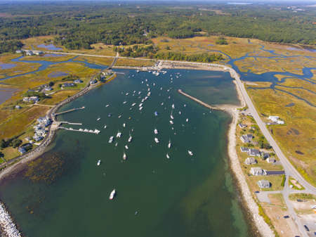 Rye Harbor aerial view in Rye Harbor State Park in town of Rye, New Hampshire NH, USA.