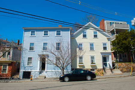 Historic buildings on Washington Street near Marblehead town hall in Marblehead Historic District, Marblehead, Massachusetts MA, USA.の写真素材