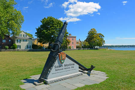 Salem Maritime National Historic Site (NHS) entrance with replica anchor in Salem, Massachusetts, USA.のeditorial素材