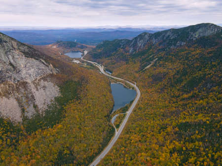 Franconia Notch with fall foliage aerial view including Profile Lake and Echo Lake in Franconia...