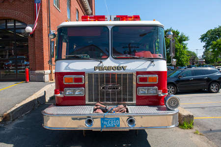 Fire truck in Peabody downtown fire department in city of Peabody, Massachusetts MA, USA.