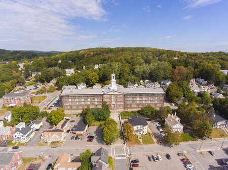 Longsjo Middle School aerial view at 98 Academy Street in downtown Fitchburg, Massachusetts MA, USA.のeditorial素材
