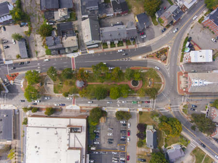 Fitchburg Upper Common and First Parish Unitarian Church aerial view on Main Street in downtown Fitchburg, Massachusetts MA, USA.のeditorial素材