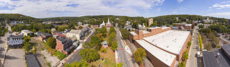 Fitchburg Upper Common and First Parish Unitarian Church panorama aerial view on Main Street in downtown Fitchburg, Massachusetts MA, USA.のeditorial素材
