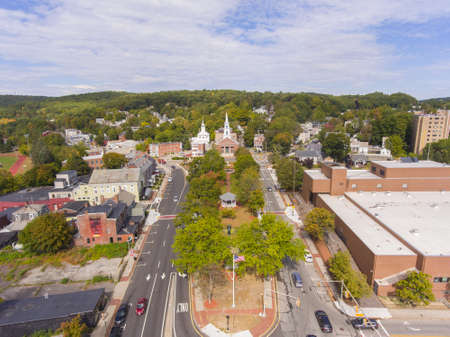 Fitchburg Upper Common and First Parish Unitarian Church aerial view on Main Street in downtown Fitchburg, Massachusetts MA, USA.のeditorial素材