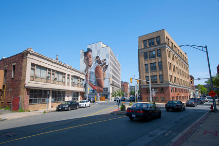 Historic commercial buildings on Washington Street at Oxford Street in historic downtown Lynn, Massachusetts MA, USA.のeditorial素材