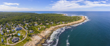 Village of Pigeon Cove aerial view panorama in town of Rockport, Cape Ann, Massachusetts MA, USA.
