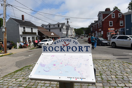 Welcome to Rockport Sign and map on Dock Square near Bearskin Neck in downtown Rockport, Massachusetts, USA.のeditorial素材