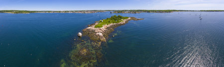 Ten Pound Island Lighthouse on Ten Pound Island aerial view panorama, Gloucester, Cape Ann, Massachusetts MA, USA.の写真素材