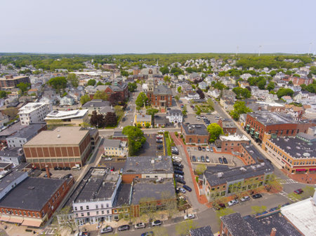 Aerial view of Gloucester City and City Hall, Cape Ann, Massachusetts, USA.