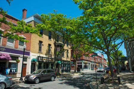 Historic commercial buildings on Main Street in downtown Gloucester, Massachusetts, MA, USA.のeditorial素材