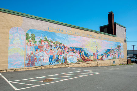 Judith Sargent Murray fresco on Main Street in downtown Gloucester, Massachusetts MA, USA.のeditorial素材