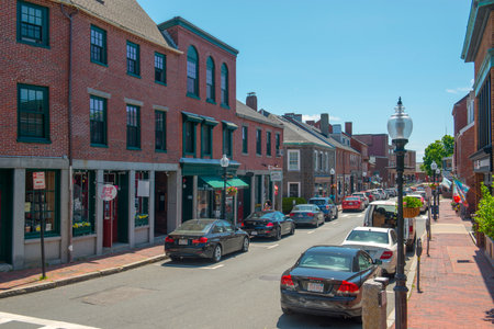 Historic commercial buildings on Main Street in downtown Gloucester, Massachusetts, MA, USA.