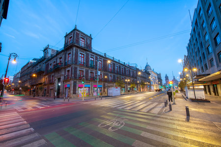 Historic buildings at night on Avenida Republica de Uruguay and Avenida 20 de Noviembre near Zocalo Constitution Square, Mexico City CDMX, Mexico. Historic center of Mexico City is a UNESCO World Heriのeditorial素材