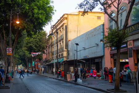 Historic buildings on Calle de Tacuba Street and Calle de Motolinia near Zocalo Constitution Square, Mexico City CDMX, Mexico.のeditorial素材