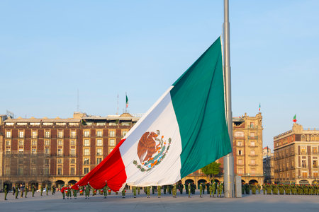 Raising Flag ceremony on Zocalo at Historic center of Mexico City CDMX, Mexico. Historic center of Mexico City is a UNESCO World Heritage Site since 1987.のeditorial素材