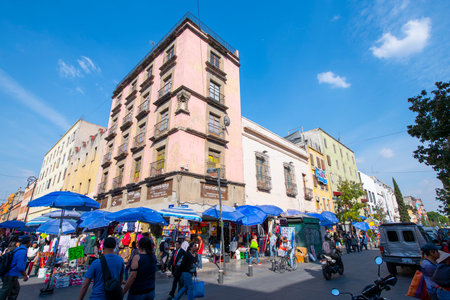 Historic buildings on Corregidora Street at La Academia Street in historic center of Mexico City CDMX, Mexico. Historic center of Mexico City is a World Heritage Site.のeditorial素材