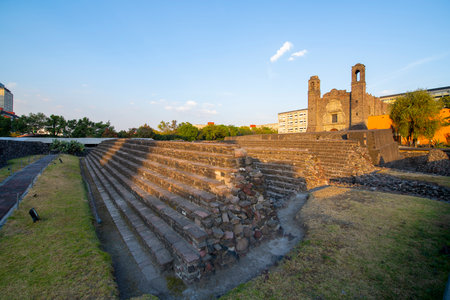Templo de Santiago and Tlatelolco ruin in Square of the Three Cultures Plaza de las Tres Culturas in Mexico City CDMX, Mexico.の写真素材