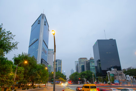 Modern skyscraper buildings in the morning on Avenida Paseo de la Reforma Avenue at Monument of Cuauhtemoc, Mexico City CDMX, Mexico.のeditorial素材