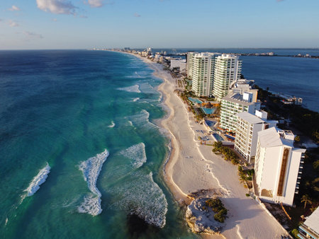 Cancun Chac Mool Beach and Porto Fino Resort aerial view in the morning, Cancun, Quintana Roo QR, Mexico.の写真素材