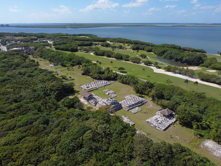 Maya ruin El Rey archaeological site aerial view, Cancun, Quintana Roo QR, Mexico.の写真素材