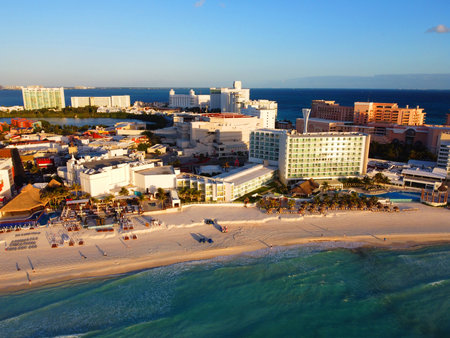 Cancun beach and Hotel Krystal Cancun aerial view in the morning, Cancun, Quintana Roo QR, Mexico.の写真素材