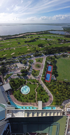 Cancun Iberostar golf club and Laguna Nichupte Lagoon aerial view, Cancun, Quintana Roo QR, Mexico.の写真素材