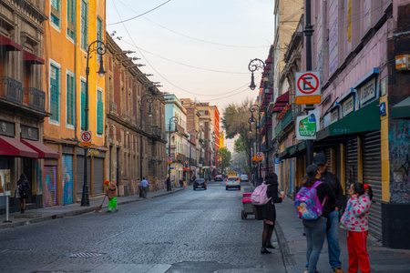 Historic buildings on Republica de Chile Street and Calle de Tacuba Street near to Zocalo Constitution Square, Mexico City CDMX, Mexico.のeditorial素材